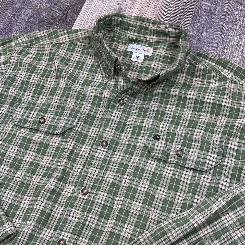 Carhartt Long Sleeve‎ Button Down Flannel Shirt Men's Size 2XL Green Tan Plaid